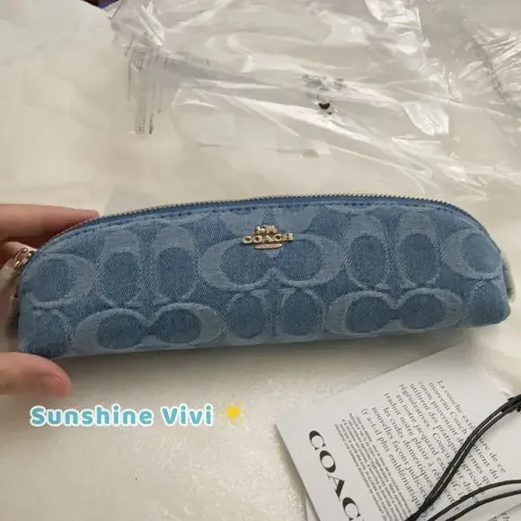 NWT Coach Pencil Case In Signature Denim CDC10 Gold/Indigo